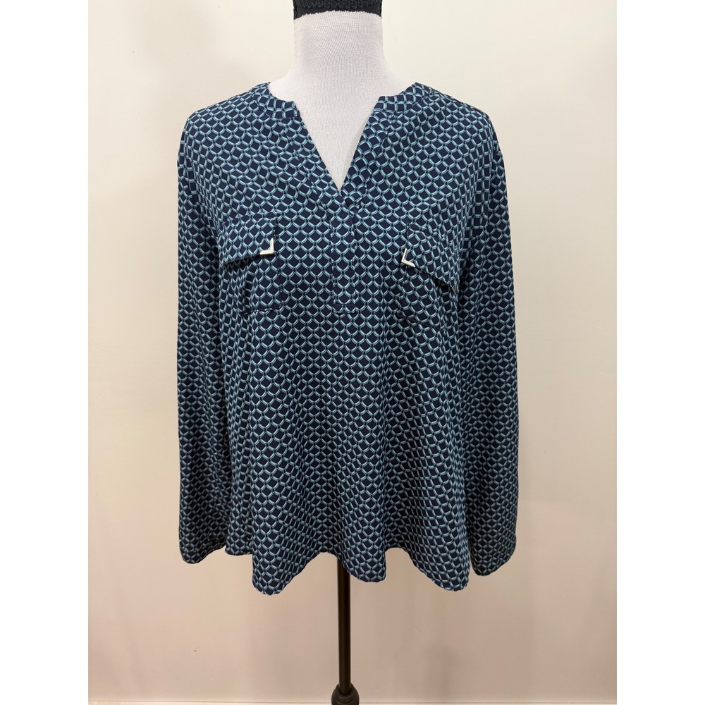Appleseeds Petites Navy Blue Geometric Link Print V-Neck Blouse Size PL N05438